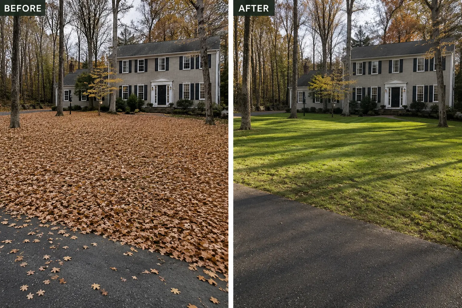 Side-by-side before and after of an Andover, MA front lawn: buried in fallen leaves, then completely cleared