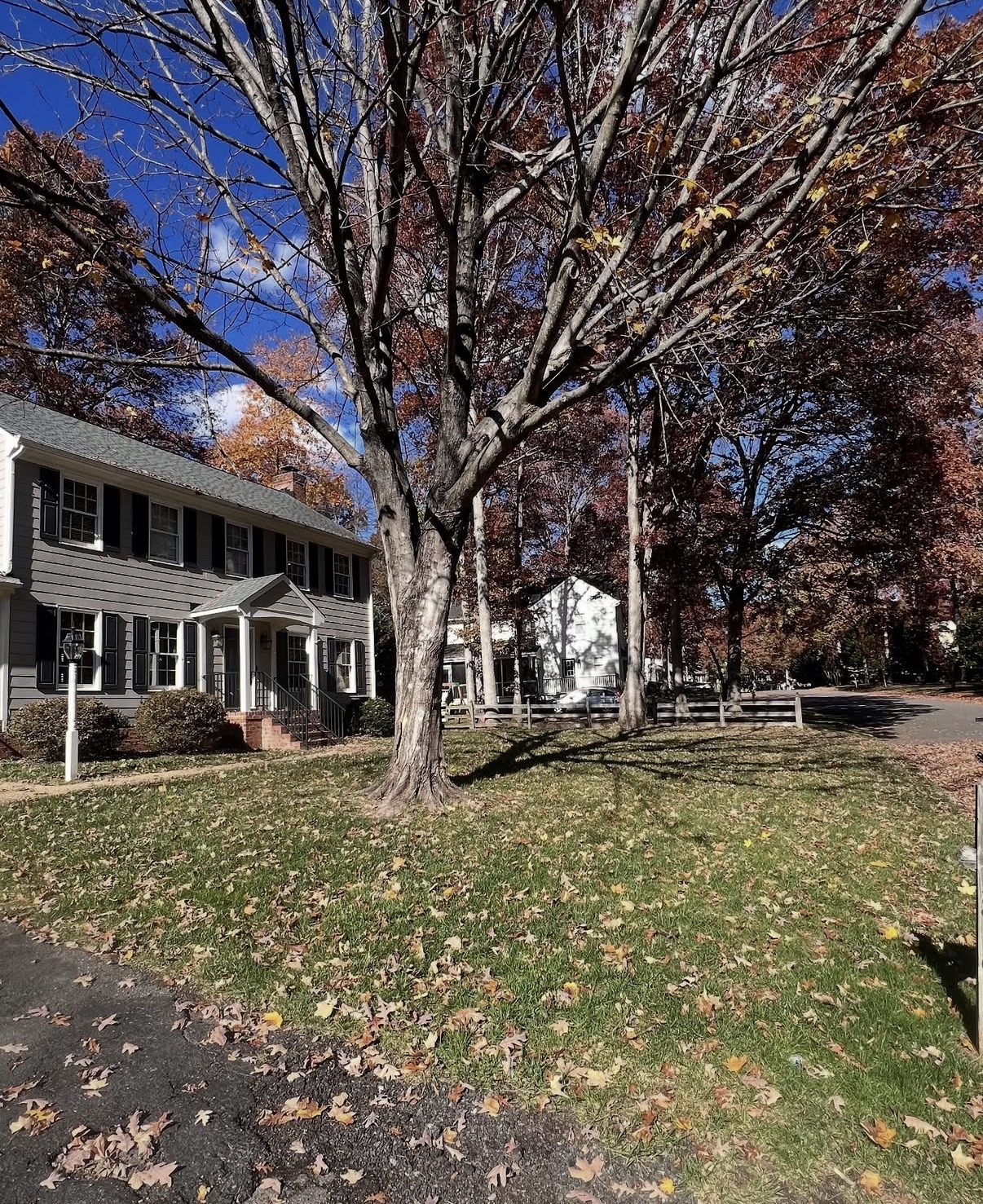 Front lawn of a colonial home scattered with autumn leaves